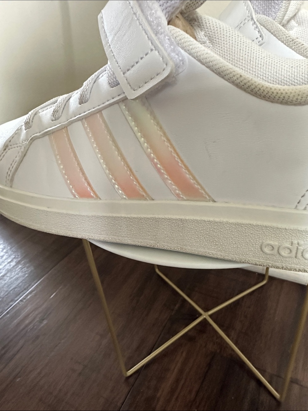 adidas Kids White Sneakers with Iridescent Pink-Orange Stripes - Picture 6 of 7